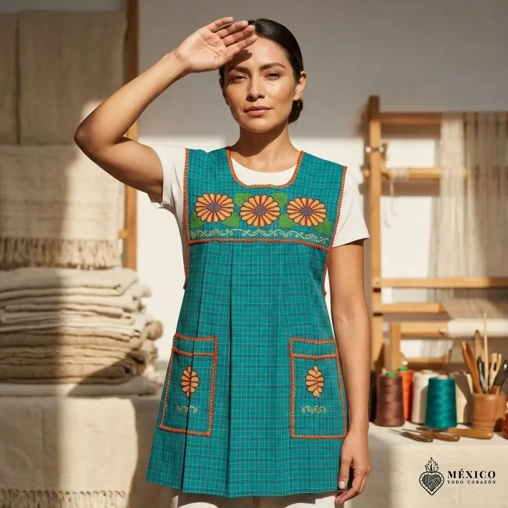 Traditional Mexican Cross-Stitch Embroidered Apron – Deluxe Artisan Smock Style